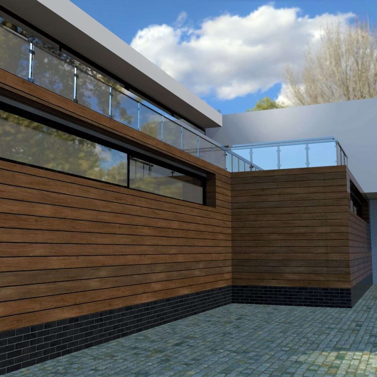 Facade cladding with wood. Modern country house. Wonderful terrace with glass railing on the second floor. 3d render.